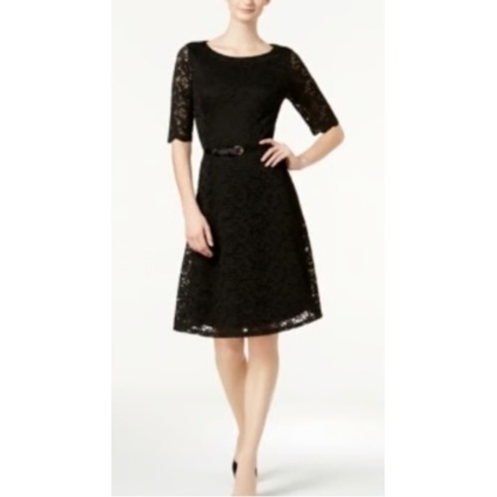 Charter Club Belted Lace Dress Womens PL Black A Line Cocktail Party Petite